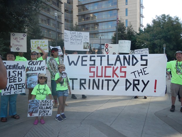 Hoopa Valley Tribal members protest the hold on a Trinity River release. - COURTESY HOOPA VALLEY TRIBE