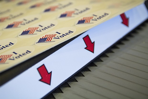 "I Voted" stickers await voters after they submit their ballots in the voting machine at Arcata City Hall - MANUEL J. ORBEGOZO