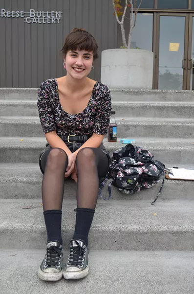 Junior child development major Brittany is from Victorville, but loves Humboldt and the Angels of Hope thrift shop. The shorts and tights she scored at Target. - PHOTO BY SHARON RUCHTE