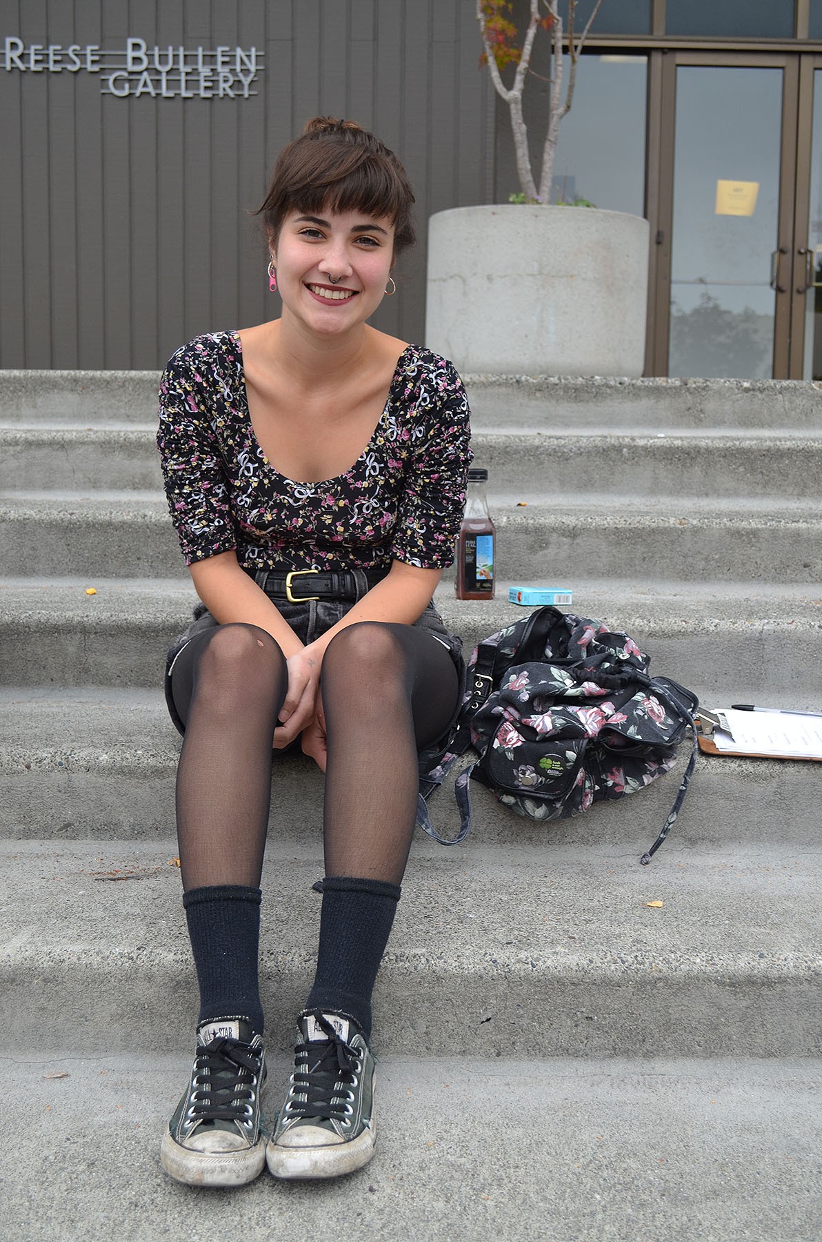 Junior child development major Brittany is from Victorville, but loves Humboldt and the Angels of Hope thrift shop. The shorts and tights she scored at Target. - PHOTO BY SHARON RUCHTE