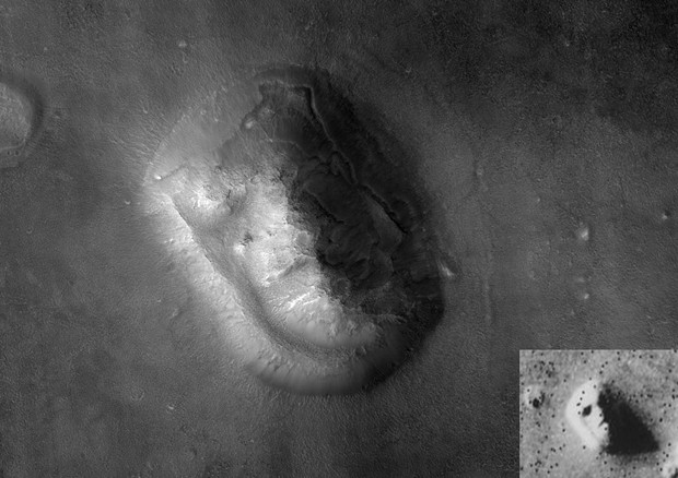 Mars Reconnaissance Orbiter photograph of the eroded mesa known as the “Face on Mars” after the Viking 1 Orbiter 1976 image (inset). At three-foot spatial resolution, the 2007 MRO image is 100 times more detailed than the Viking photo. - COURTESY OF NASA