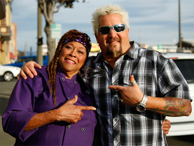 Sweet Mama Janisse and Guy Fiery filming Diners, Drive-ins and Dives. - COURTESY OF BLESS MY SOUL CAFE