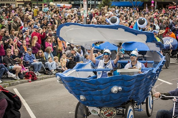 The Blue Oyster Cult nears the starting line on the Arcata Plaza at the Kinetic Grand Championship 2014. - MARK LARSON