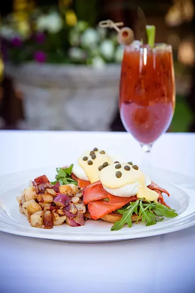 Nova Scotia lox Benedict and a Bloody Mary on the Benbow Inn's terrace. - PHOTO BY AMY KUMLER