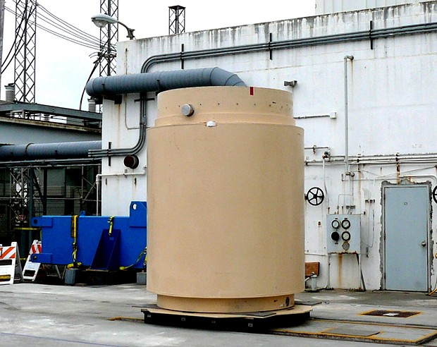 One of the five "Hi-Star" dry casks at the Humboldt Bay Power Plant which contain 390 of the total 660 spent nuclear fuel rod assemblies from 13 years of operation. (The remaining rods were sent offsite for reprocessing.) - COURTESY PG&E.