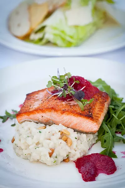 Benbow Inn's pan-seared steelhead salmon with pine nut risotto. - PHOTO BY AMY KUMLER