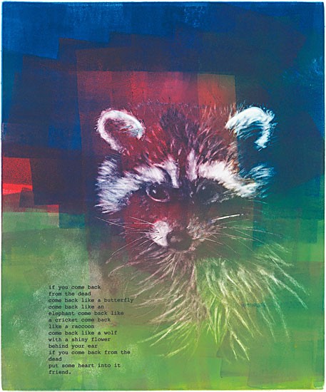 Sennott's monotype of a racoon illustrated with a poem by Lucero.