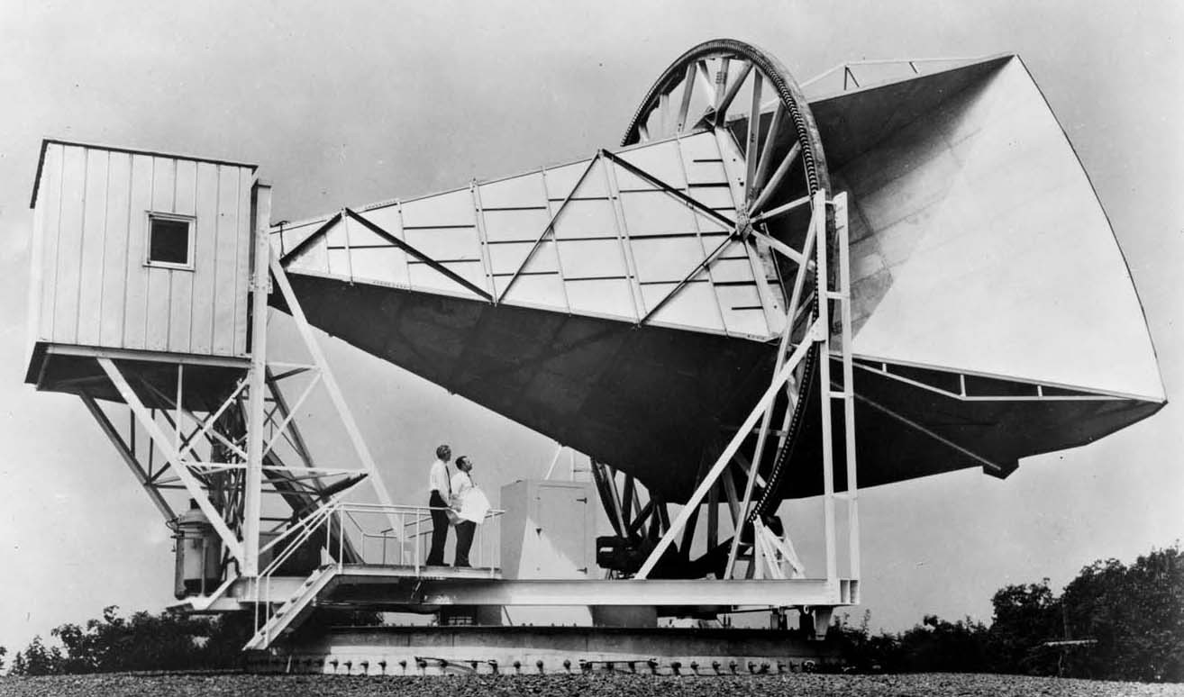 The Holmdel, N.J., horn antenna on which Penzias and Wilson (seen in the photo) discovered the cosmic microwave background radiation in 1965. - NASA