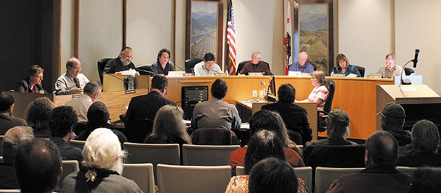 The Humboldt County Planning Commission discusses a draft outdoor medical marijuana growing ordinance at a recent meeting. - THADEUS GREENSON