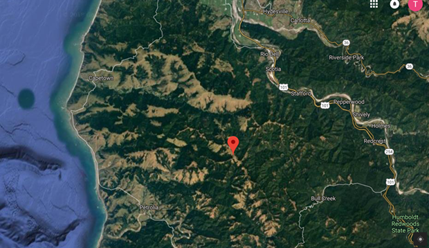 The Rainbow Ridge area where Humboldt Redwood Co. holds two approved timber harvest plans. - GOOGLE MAPS