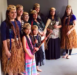 Dancers (left to right) Kayla Begay, Viola "Chummy" Brooks, Stephanie Lumsden, Rachel Sundberg, Nina Surbaugh, Michelle Hernandez, (front) Lori Biondini and Arya Mettier at a Flower Dance demonstration at the California Indian Big Time and Social Gathering at Humboldt State University.a - PHOTO BY CUTCHA RISLING BALDY