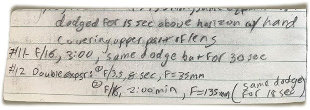 David Wilson's exposure notes from taking the shot in 1990. - DAVID WILSON