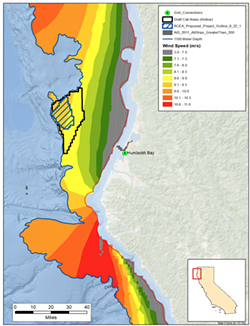 This map shows wind resources off the North Coast as well as the areas being considered for development by BOEM and RCEA. - BOEM