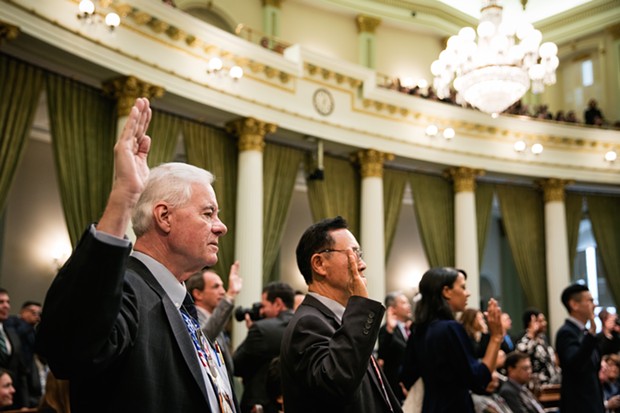 Republican Assemblymember Randy Voepel takes the oath of office into the California Assembly, December 3, 2018 at the State Capitol in Sacramento, California. - MAX WHITTAKER