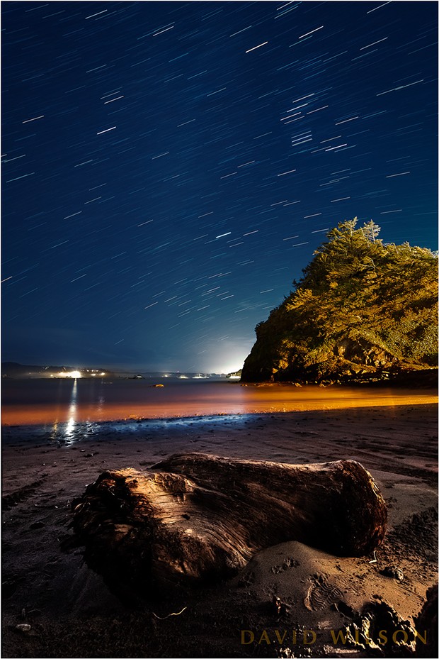 The stars arc across the sky in their nightly parade in this view looking south from Boat Launch Beach, or Indian Beach, beneath the town of Trinidad. Jan. 30, 2019. - PHOTO BY DAVID WILSON