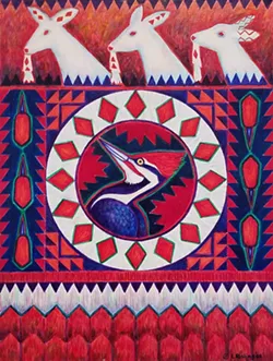 Lyn Risling's acrylic on canvas painting "Iktakataktihan (Woodpecker)," 2008. - PHOTO BY GABRIELLE GOPINATH