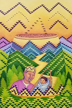 Lyn Risling's acrylic on canvas painting "Ahaknah'iroo (Flying Geese), 2018. - PHOTO BY GABRIELLE GOPINATH