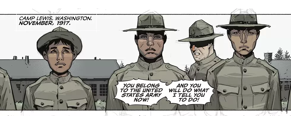 Lowry: "I love how Rahsan captured the personalities of each Yurok man. Look how young Morek is, with his cap pushed back. Thomas is linear, lean and tall. Charley is the middle man, the center, strong and hale and the anchor. And I chuckle every time I read that first line, 'You belong to the United States Army now ...' Even though I wrote it, I still laugh. Gallows humor." - - Ekedal: "This may have been the first panel I drew of the entire book. I remember reworking it somewhat after I had established the aesthetic elsewhere, to make sure it matched the rest." - COMIC WRITTEN BY CHAG LOWRY, ILLUSTRATED BY RAHSAN EKEDAL
