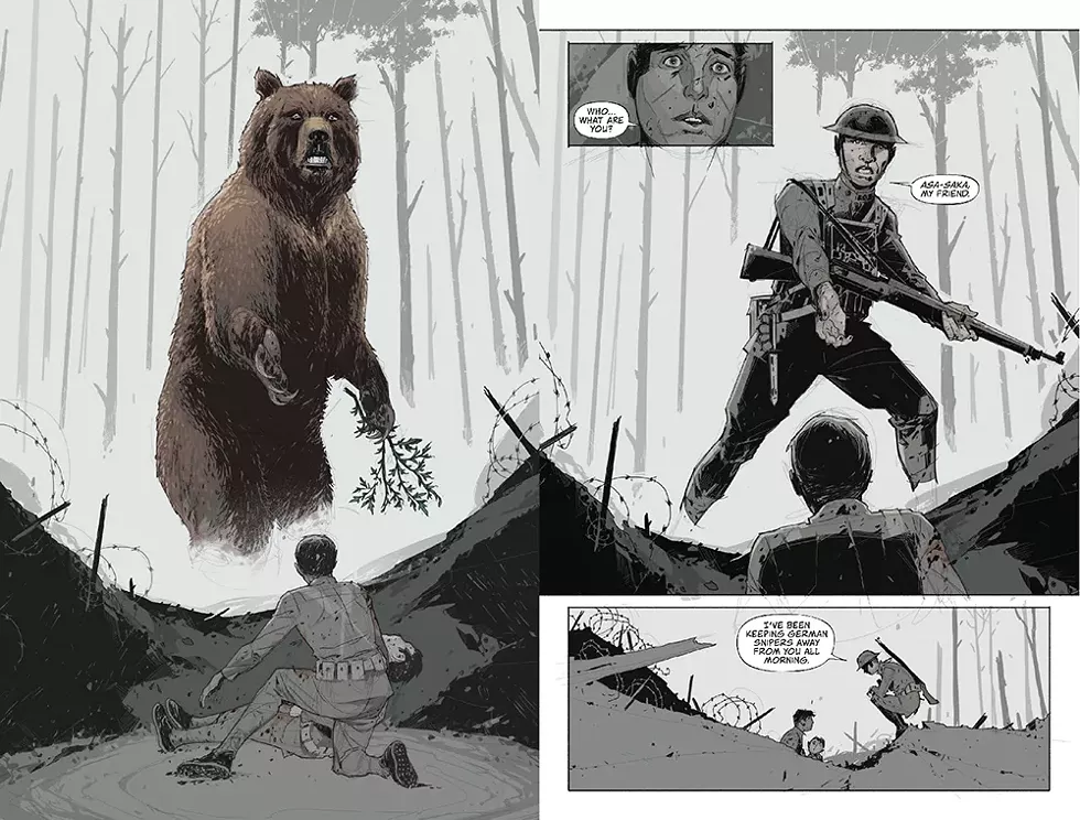 Lowry: "Thomas Tucker was a real life Maidu man from my father's people in northeastern California. Charley first views his cultural and spiritual aura as a Grizzly Bear holding wormwood, which is used in ceremony. Again, this is in No-Man's Land. Tucker died in this battle on Sept. 28, 1918. I honored his memory by including him and (hopefully) people will see his bravery and courage and sacrifice in the next couple pages." - COMIC WRITTEN BY CHAG LOWRY, ILLUSTRATED BY RAHSAN EKEDAL