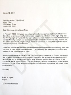 This is the letter former Mayor Frank Jager wrote to the Wiyot Tribe.