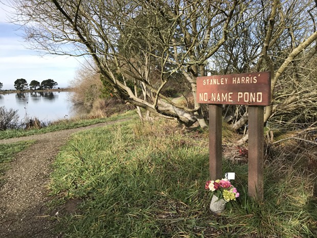 A bouquet of flowers sits below the No-name Pond plaque at the Arcata Marsh days after Harris' passing. - IRIDIAN CASAREZ