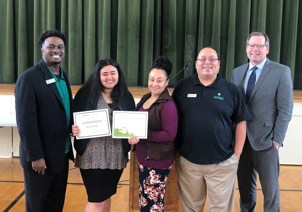 St. Bernard's High School senior Marina Amador (second from the left) accepts her Humboldt First Scholarship. - SUBMITTED