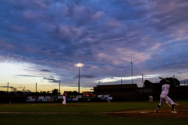 The sun sets at Arcata Ballpark on June 12, 2021 as the Humboldt Crabs play the visiting Seals Baseball team. - THOMAS LAL