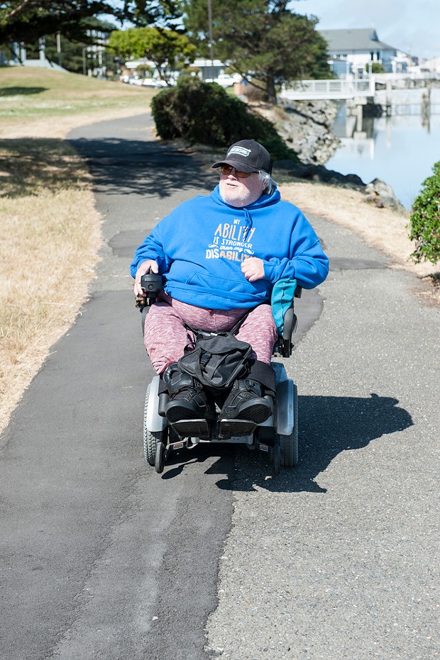 Charlie Bean used his motorized wheelchair to take a Journal reporter on a tour of ADA accessible trails in Humboldt County in 2016. - PHOTO BY MARK MCKENNA