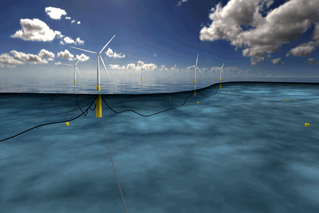 Illustration of a spar-buoy floating turbine, one of three potential designs being considered by the National Renewable Energy Laboratory. - COURTESY OF STATOIL