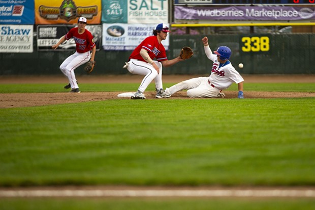 Crabs Second Baseman Nick Salas slides into second base to avoid a tag during the Humboldt Crabs season opening game against the Humboldt Eagles on June 3, 2022 on the way to a 13-0 victory. - THOMAS LAL