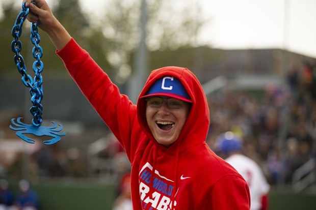 Crabs Pitcher Nick Perryman holds up the crab chain in celebration after teammate Tyler Davis hit a home run in the second inning during the Humboldt Crabs season opening game against the Humboldt Eagles on June 3, 2022 on the way to a 13-0 victory. - THOMAS LAL