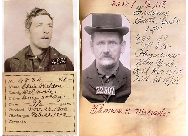 The mug shots of Chris Weldon (left) and Dr. Thomas Messerole, two men whose struggles with addiction were chronicled in the Humboldt Times. - CALIFORNIA STATE ARCHIVES