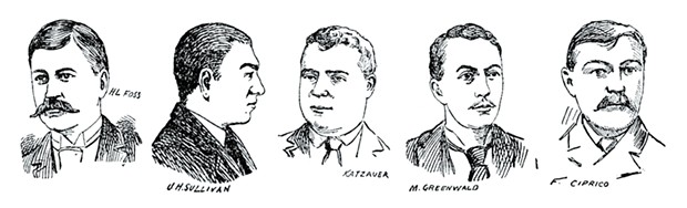 Newspaper illustrations depict members of the Emerald Gang. - CALIFORNIA DIGITAL NEWSPAPER COLLECTION, CENTER FOR BIBLIOGRAPHIC STUDIES AND RESEARCH, UNIVERSITY OF CALIFORNIA AT RIVERSIDE.