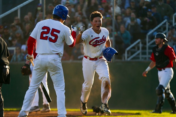Crabs Designated Hitter Lane Oliphant celebrates after scoring against the Seattle Studs on June 17. - THOMAS LAL