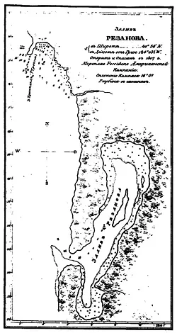 An 1807 Russian Hydrographic Department chart showing Trinidad and PE3AHOBA (Rezanov) Bay. - PUBLIC DOMAIN
