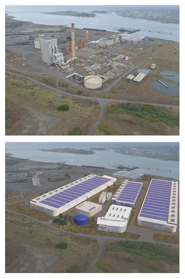 (top) Pre-project drone view and (bottom) post-project artist rendering, looking east toward Eureka. - GHD DRAFT ENVIRONMENTAL REPORT, SUBMITTED