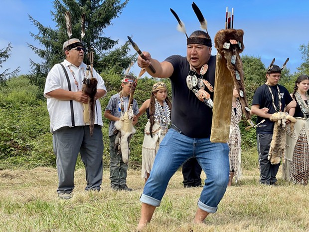 A Brush Dance performed by Wiyot dancers at the Mouralherwaqh land return ceremony. - PHOTO BY JENNIFER SAVAGE