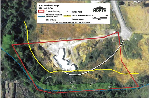 A county staff report shows how the footprint of local developer Travis Schneider's new family home, as well as a temporary road carved into the property, violate wetland setback provisions of his permit. - HUMBOLDT COUNTY PLANNING AND BUILDING