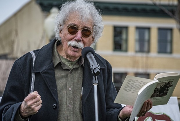 Poet Jerry Martien during a reading at the rally. - PHOTO BY MARK LARSON