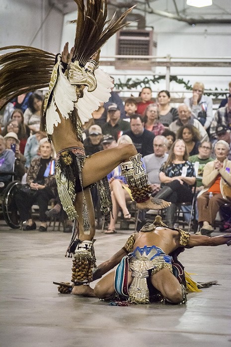 A packed house at Redwood Acres watched the eagle and jaguar dance by Aztec Dance and Drum group. - MARK LARSON
