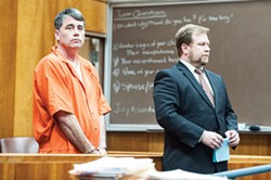 Gary Lee Bullock (above left) stands next to his attorney, Kaleb Cockrum, during his arraignment. - MARK MCKENNA