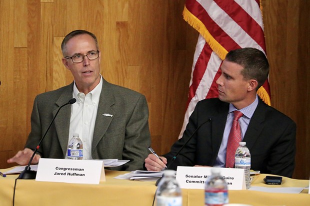 North Coast Congressman Jared Huffman and state Sen. Mike McGuire during today's hearing. - JENNIFER SAVAGE