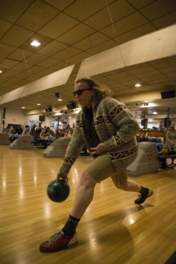 Karen Smith bowls her second shot in the round as the title character from The Big Lebowski, 'The Dude,' on Friday, Feb. 10. - SAM ARMANINO