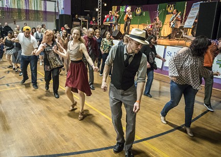 Line dancers filled the floor at the Grand Finale at the Muni on Sunday afternoon. - PHOTO BY MARK LARSON
