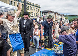 Competitive shucking on the Arcata Plaza during last year's Oyster Fest. - PHOTO BY MARK LARSON