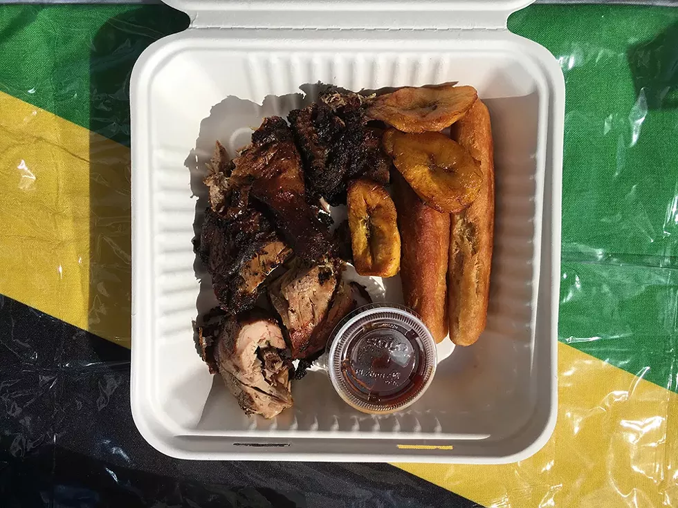 Jerk chicken at the Arcata Farmers Market. - PHOTO BY JENNIFER FUMIKO CAHILL