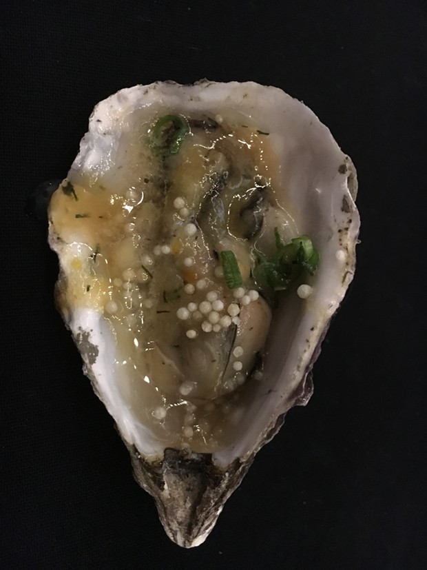 Blue Lake’s Best Cooked oyster with rice cracker crispies. - PHOTO BY JENNIFER FUMIKO CAHILL