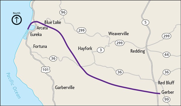Proposed route of the 220-mile long dual track Humboldt Eastern Railroad, Humboldt Bay to Gerber.