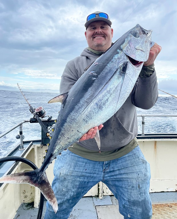 Greg Scoles of Petaluma landed a 38-pound albacore tuna while fishing Tuesday out of Eureka aboard the Shellback.