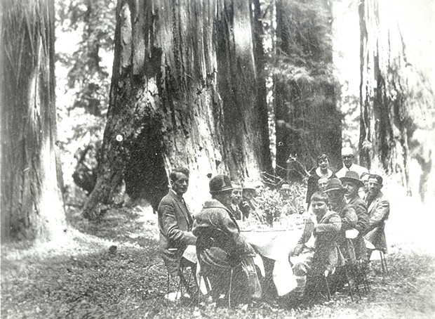 In the fall of 1926, John D. Rockefeller Jr. (far left) and Newton Drury (far right) picnicked in what would become the Rockefeller Forest. Junior's 11-year-old son David is closest to the camera. Note the chef and waitress at back.